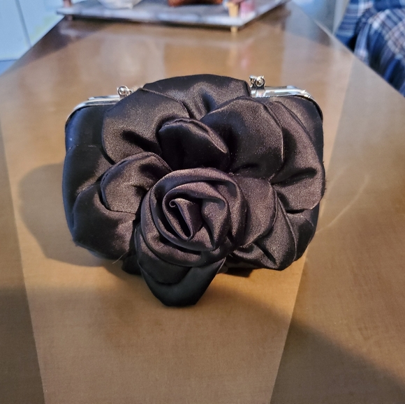 Black Silk Handbag/Clutch w/Flower - Picture 2 of 6